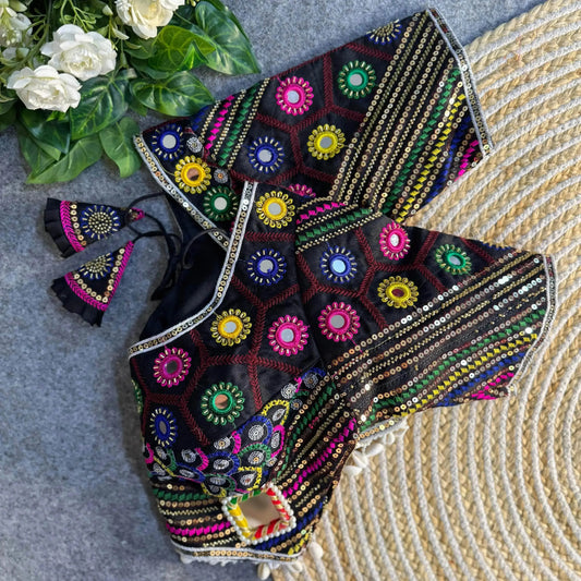 Black Color Navratri Special Real Mirror Work Apple Cut Blouse - RPD Fashion