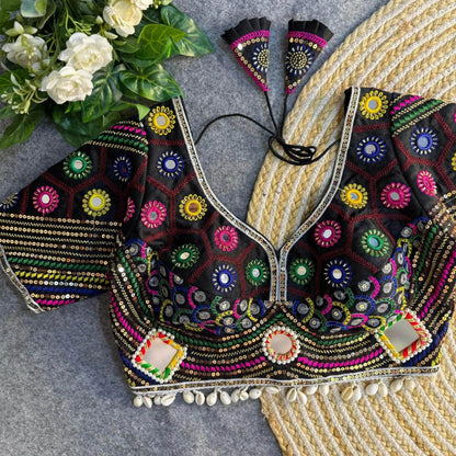 Black Color Navratri Special Real Mirror Work Apple Cut Blouse - RPD Fashion