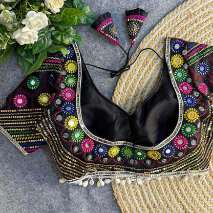 Black Color Navratri Special Real Mirror Work Apple Cut Blouse - RPD Fashion