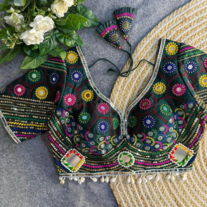 Black Color Navratri Special Real Mirror Work Apple Cut Blouse - RPD Fashion