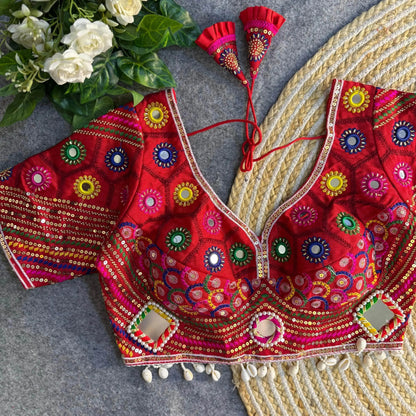 Black Color Navratri Special Real Mirror Work Apple Cut Blouse - RPD Fashion