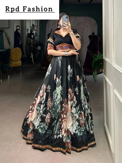 Black Color Women's Tussar Silk With Print And Foil Print Lehenga choli Set - RPD Fashion