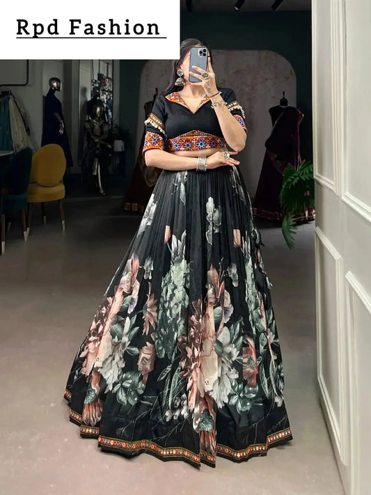 Black Color Women's Tussar Silk With Print And Foil Print Lehenga choli Set - RPD Fashion