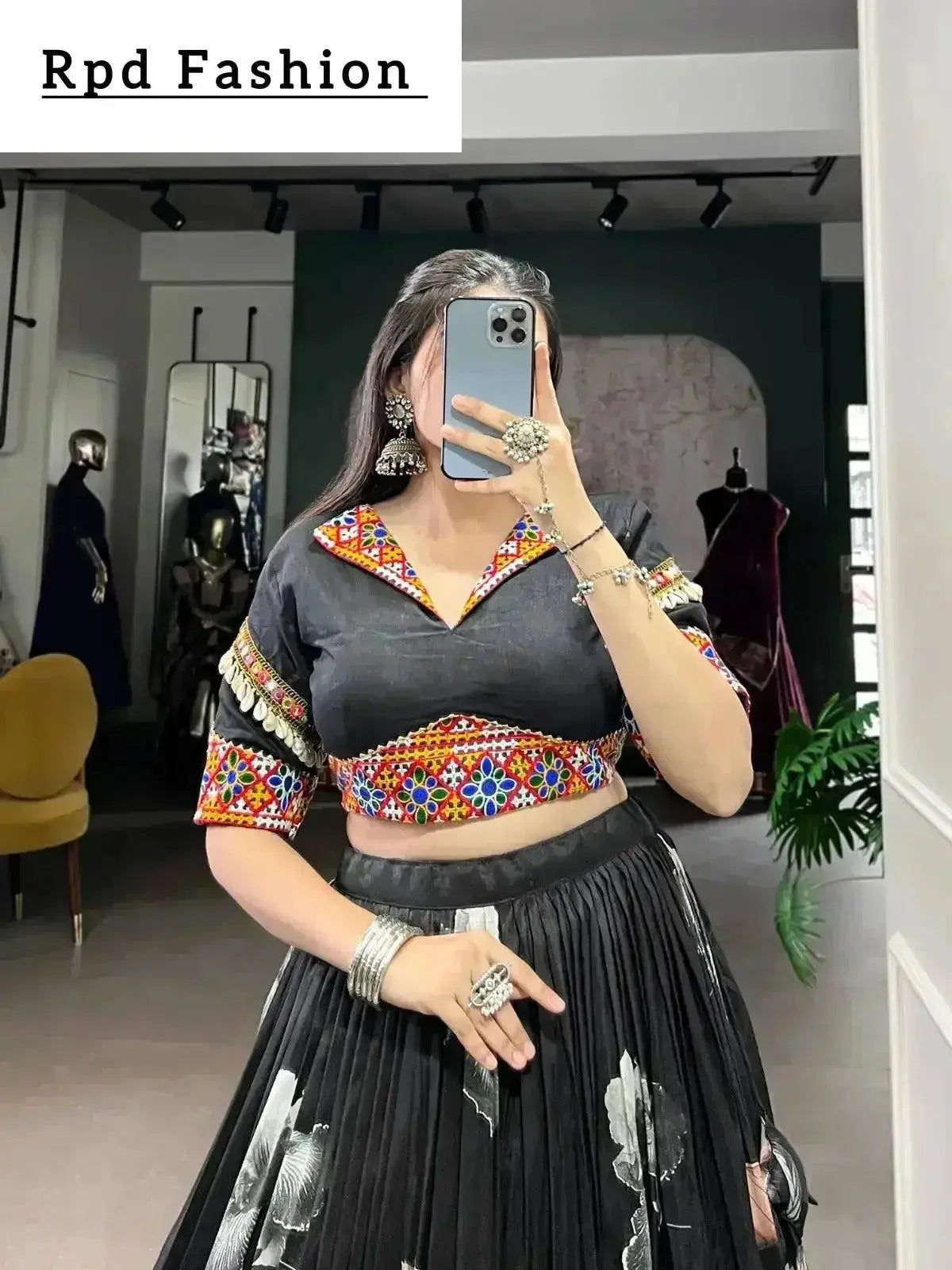 black color women's tussar silk with print and foil print lehenga choli set - rpd fashion