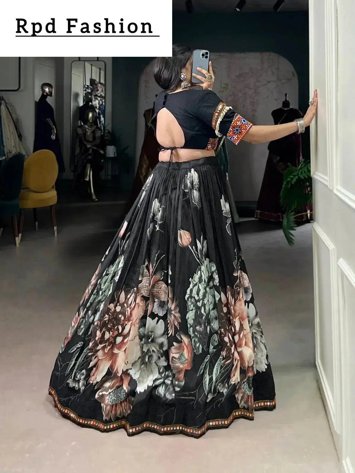 black color women's tussar silk with print and foil print lehenga choli set - rpd fashion