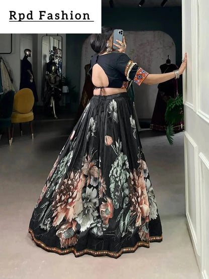 Black Color Women's Tussar Silk With Print And Foil Print Lehenga choli Set - RPD Fashion
