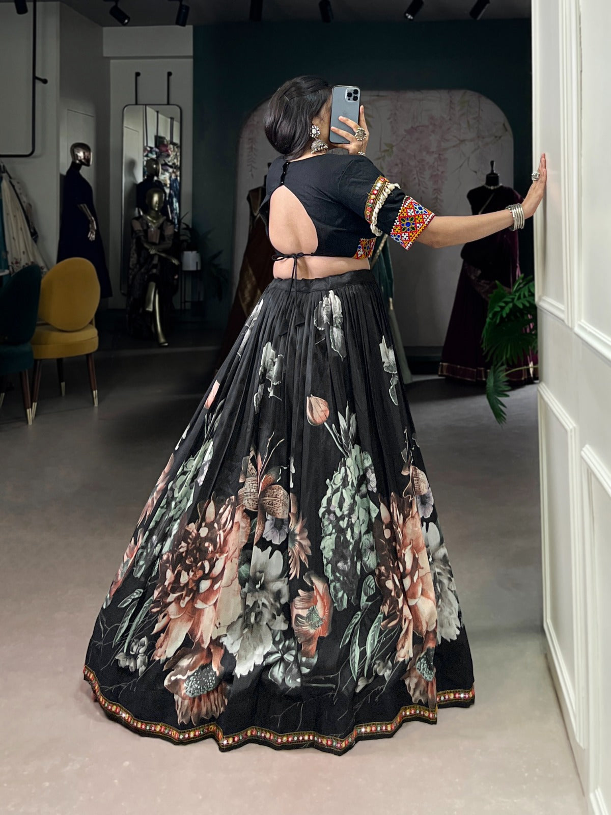 Black Color Women's Tussar Silk With Print And Foil Print Lehenga choli Set
