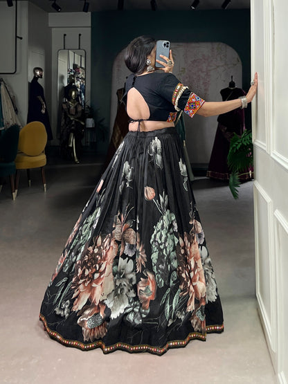 Black Color Women's Tussar Silk With Print And Foil Print Lehenga choli Set
