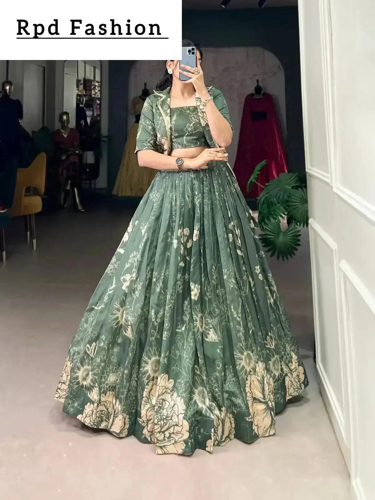 bottle green elegant tussar silk floral co-ord set – lehenga, blouse & koti - rpd fashion