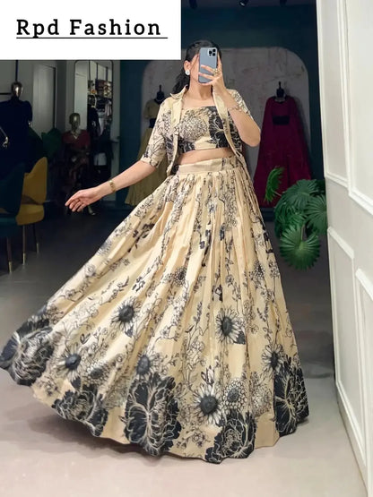 Bottle Green Elegant Tussar Silk Floral Co-ord Set – Lehenga, Blouse & Koti - RPD Fashion