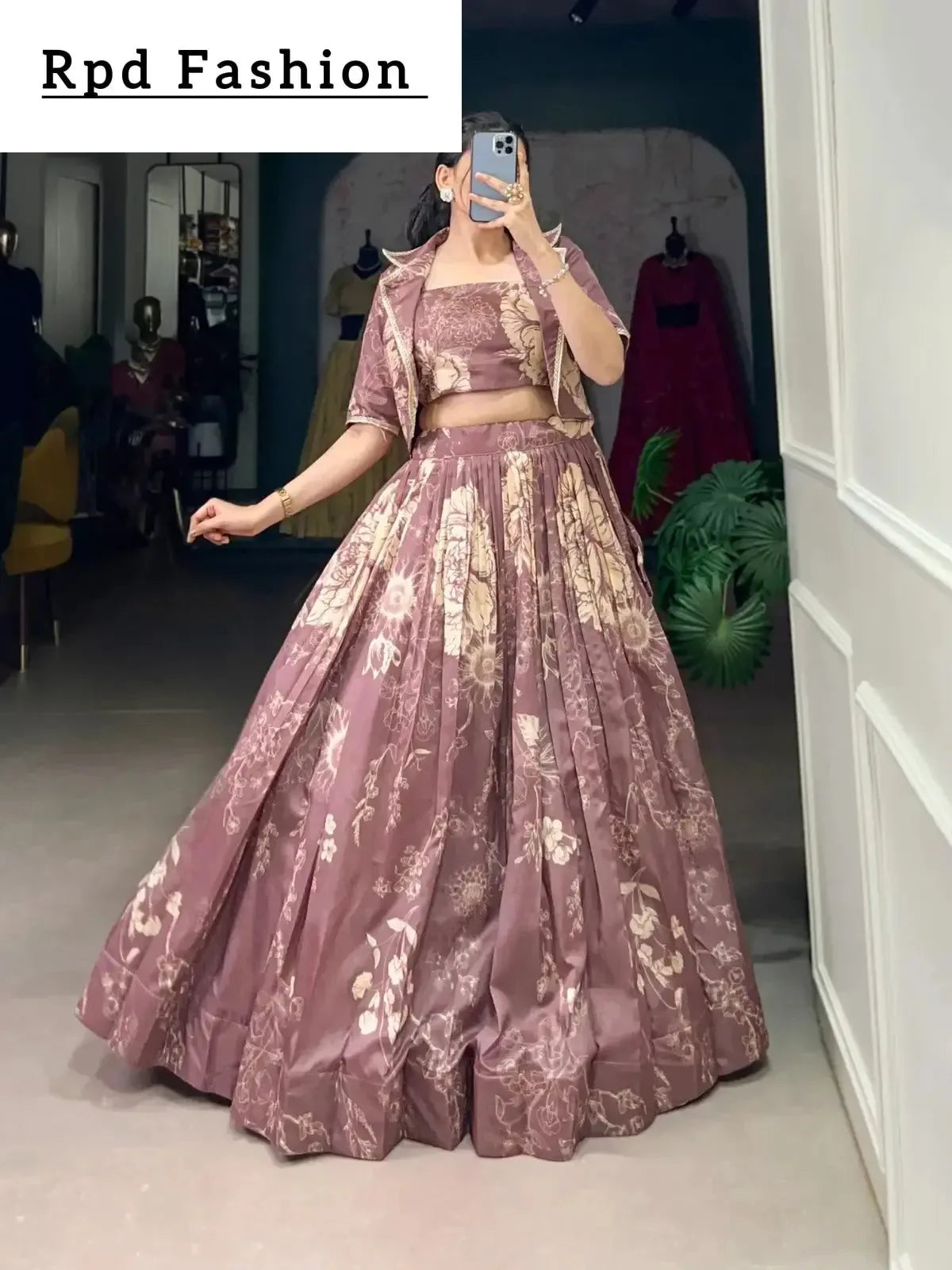 bottle green elegant tussar silk floral co-ord set – lehenga, blouse & koti - rpd fashion