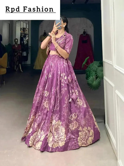 Bottle Green Elegant Tussar Silk Floral Co-ord Set – Lehenga, Blouse & Koti - RPD Fashion