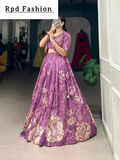 Bottle Green Elegant Tussar Silk Floral Co-ord Set – Lehenga, Blouse & Koti - RPD Fashion