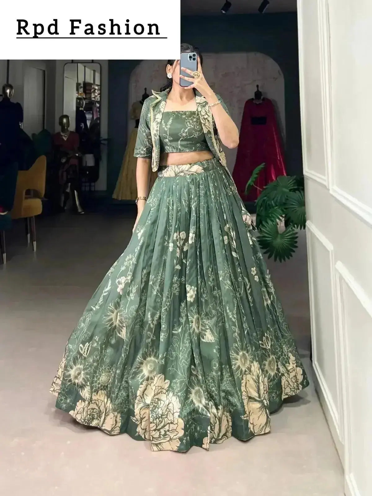 bottle green elegant tussar silk floral co-ord set – lehenga, blouse & koti - rpd fashion