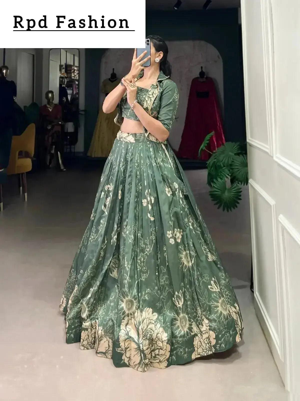 bottle green elegant tussar silk floral co-ord set – lehenga, blouse & koti - rpd fashion