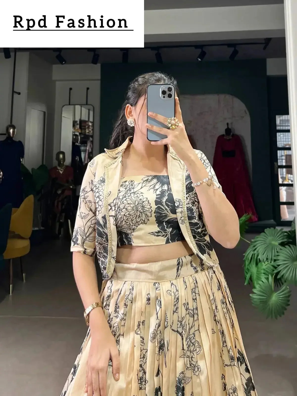 Bottle Green Elegant Tussar Silk Floral Co-ord Set – Lehenga, Blouse & Koti - RPD Fashion