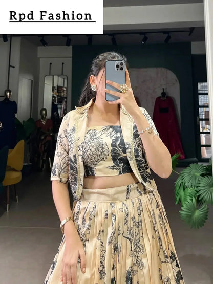 Bottle Green Elegant Tussar Silk Floral Co-ord Set – Lehenga, Blouse & Koti - RPD Fashion