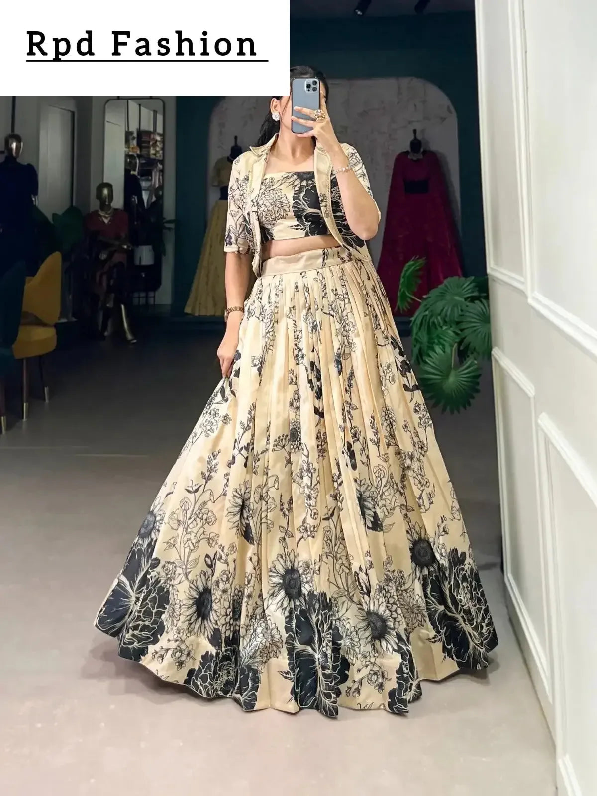 Bottle Green Elegant Tussar Silk Floral Co-ord Set – Lehenga, Blouse & Koti - RPD Fashion