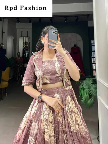 Bottle Green Elegant Tussar Silk Floral Co-ord Set – Lehenga, Blouse & Koti - RPD Fashion