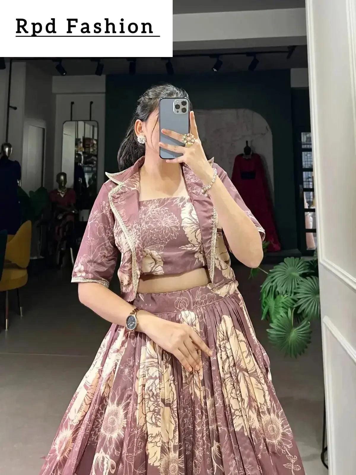 bottle green elegant tussar silk floral co-ord set – lehenga, blouse & koti - rpd fashion