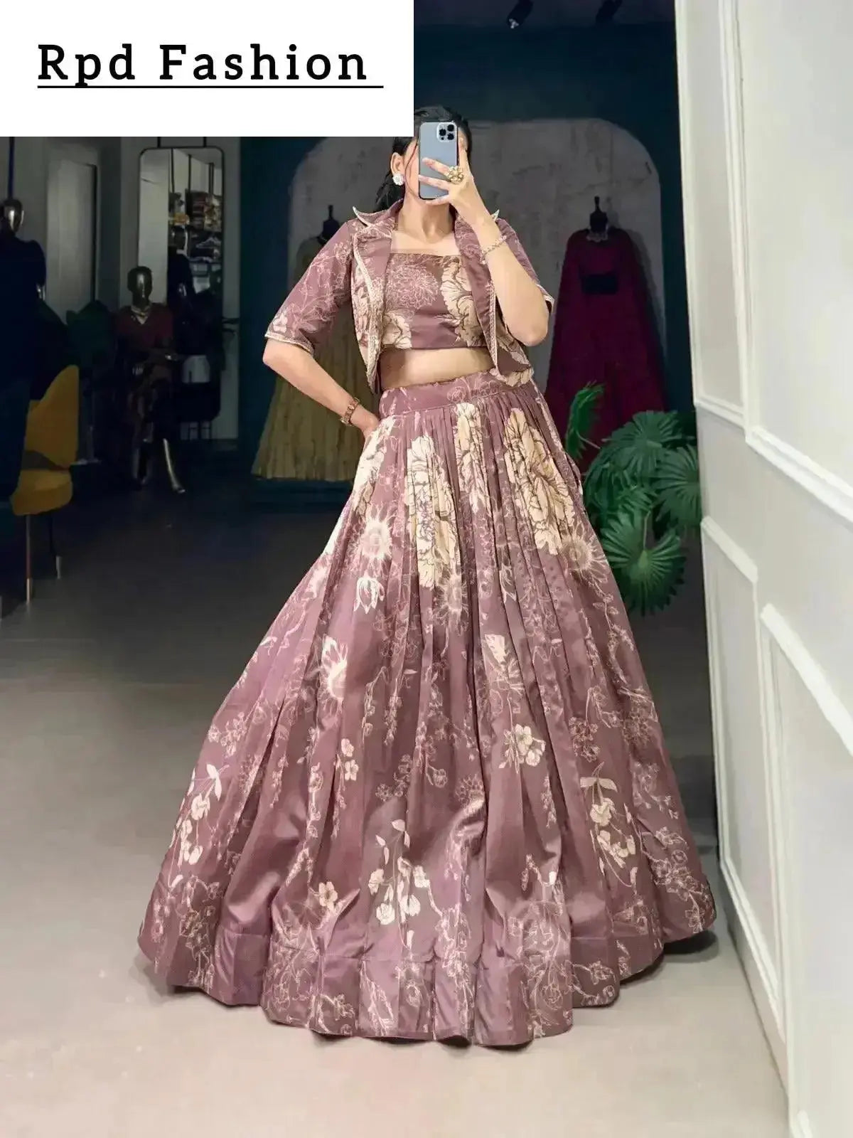 Bottle Green Elegant Tussar Silk Floral Co-ord Set – Lehenga, Blouse & Koti - RPD Fashion
