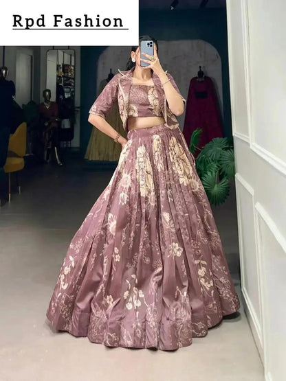 Bottle Green Elegant Tussar Silk Floral Co-ord Set – Lehenga, Blouse & Koti - RPD Fashion