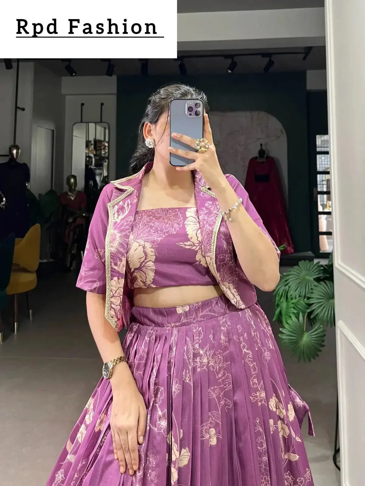 bottle green elegant tussar silk floral co-ord set – lehenga, blouse & koti - rpd fashion