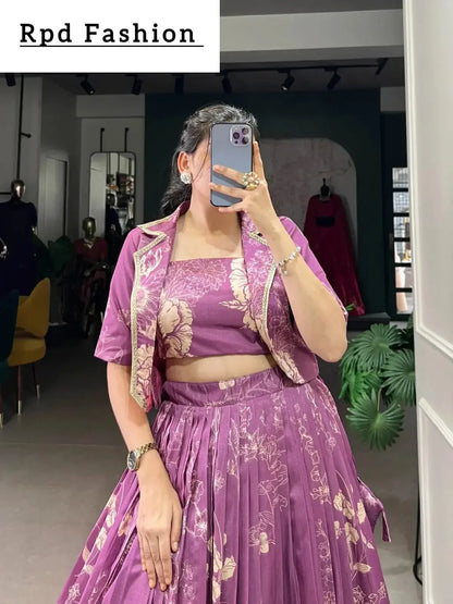 Bottle Green Elegant Tussar Silk Floral Co-ord Set – Lehenga, Blouse & Koti - RPD Fashion