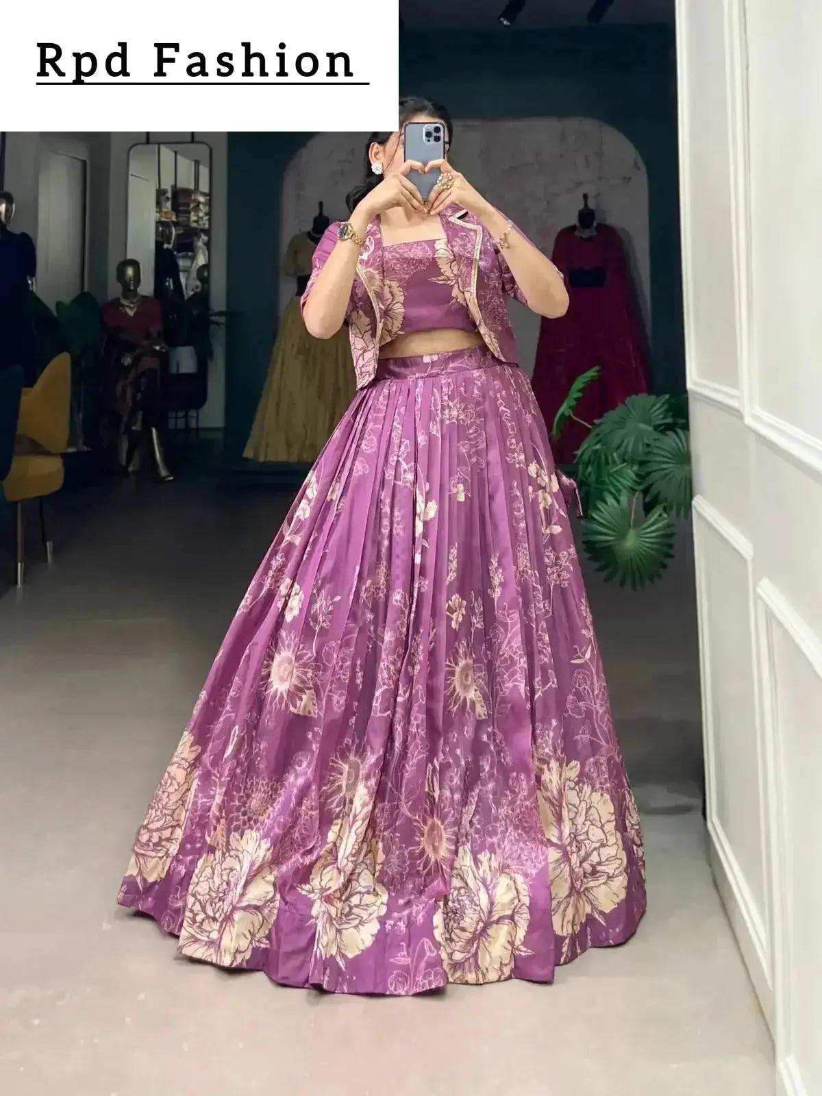 Bottle Green Elegant Tussar Silk Floral Co-ord Set – Lehenga, Blouse & Koti - RPD Fashion