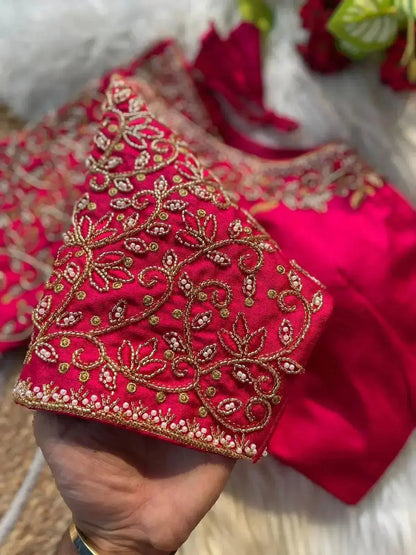 Bridal Blouse Designs for Silk Saree with Pearl & Zari Work – Designer Magenta Silk Blouse - RPD Fashion
