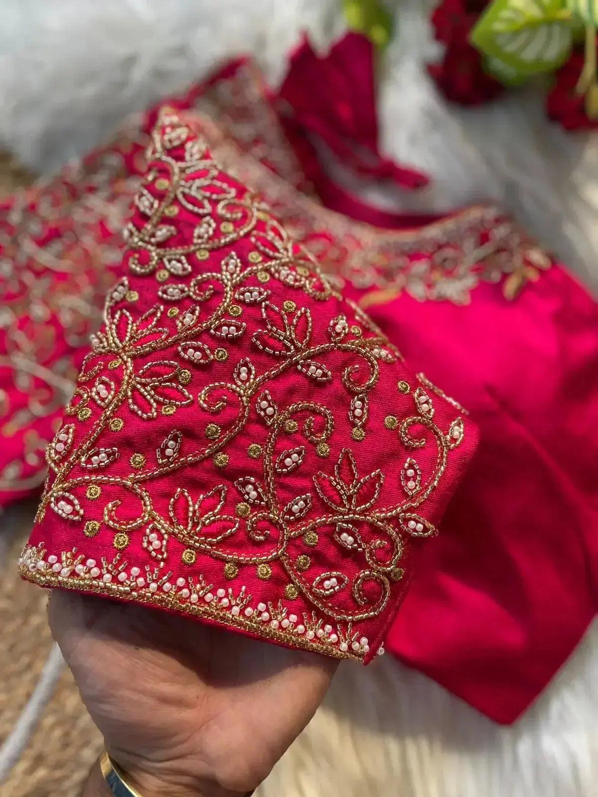 bridal blouse designs for silk saree with pearl & zari work – designer magenta silk blouse - rpd fashion
