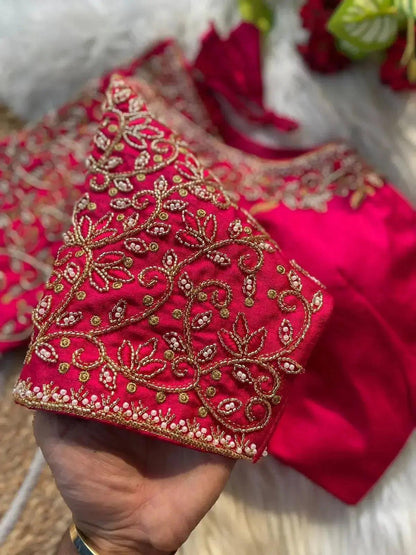 Bridal Blouse Designs for Silk Saree with Pearl & Zari Work – Designer Magenta Silk Blouse - RPD Fashion