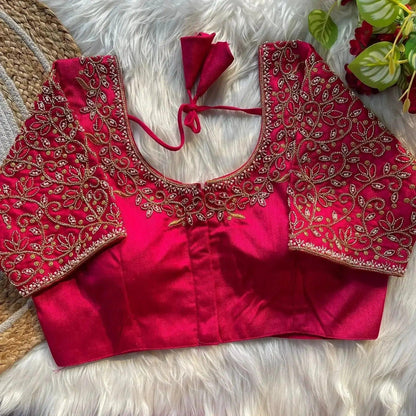 Bridal Blouse Designs for Silk Saree with Pearl & Zari Work – Designer Magenta Silk Blouse - RPD Fashion