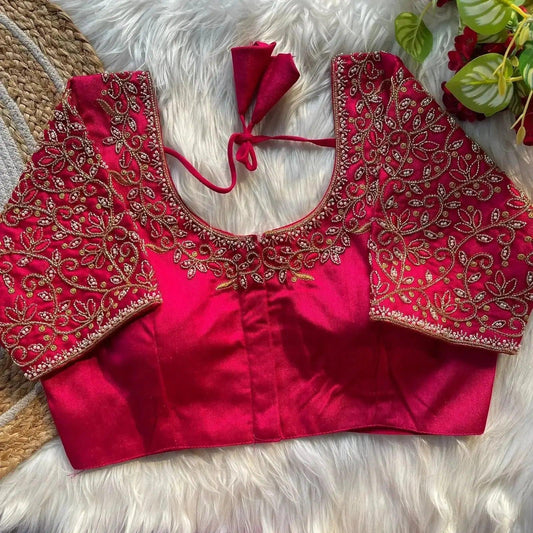 Bridal Blouse Designs for Silk Saree with Pearl & Zari Work – Designer Magenta Silk Blouse - RPD Fashion