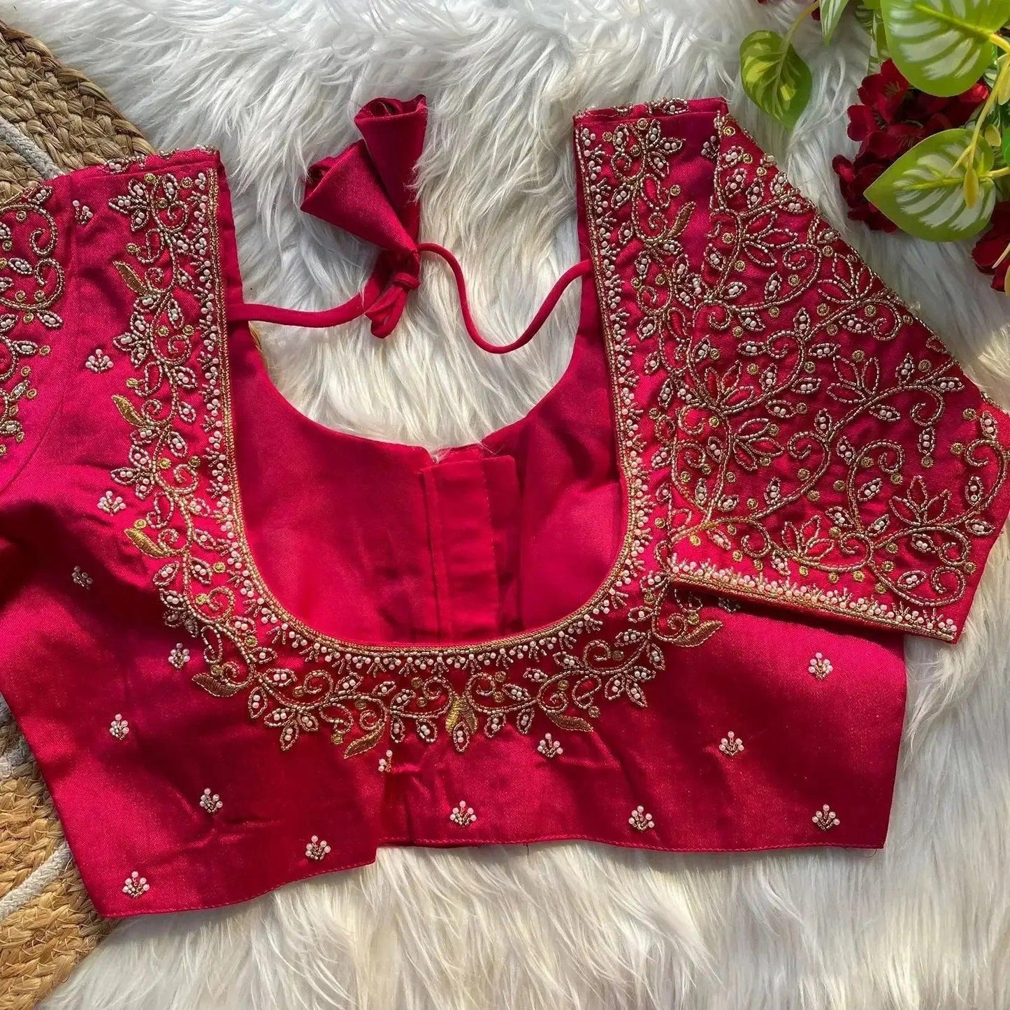 bridal blouse designs for silk saree with pearl & zari work – designer magenta silk blouse - rpd fashion