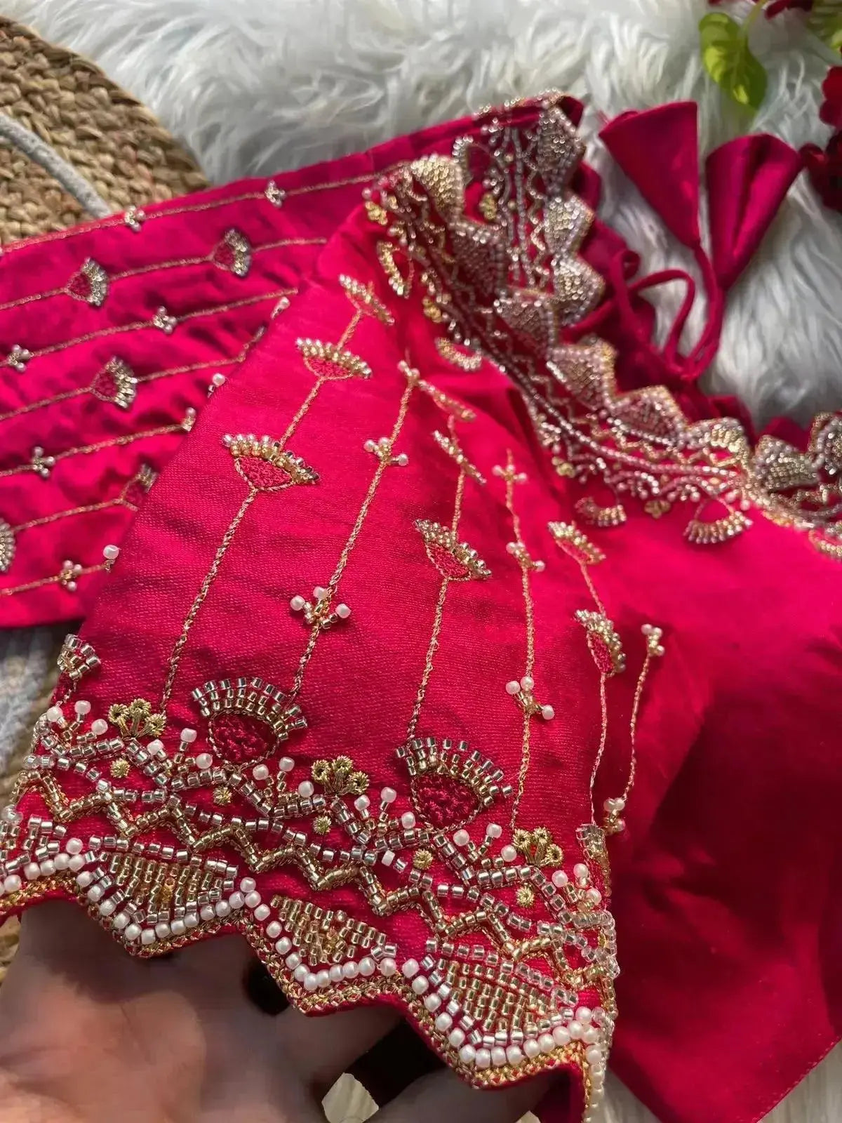 Bridal Blouse Designs for Silk Saree with Pearl & Zari Work – Designer Magenta Silk Blouse - RPD Fashion