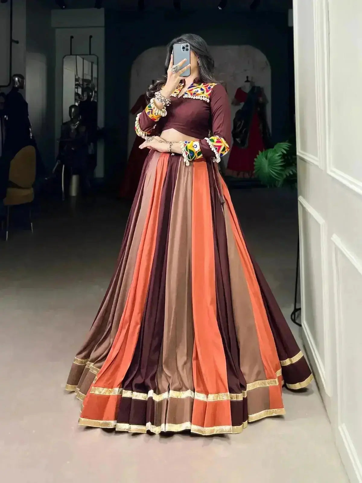brown rayon mirror gamthi lace work navratri wear lehenga choli - rpd fashion