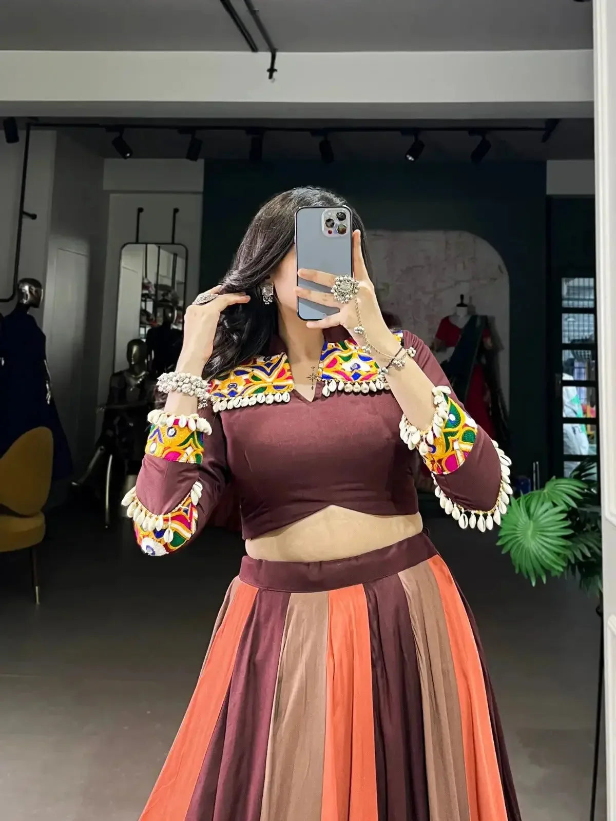 brown rayon mirror gamthi lace work navratri wear lehenga choli - rpd fashion