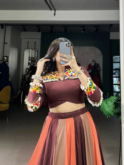 Brown Rayon Mirror Gamthi Lace Work Navratri Wear Lehenga Choli - RPD Fashion