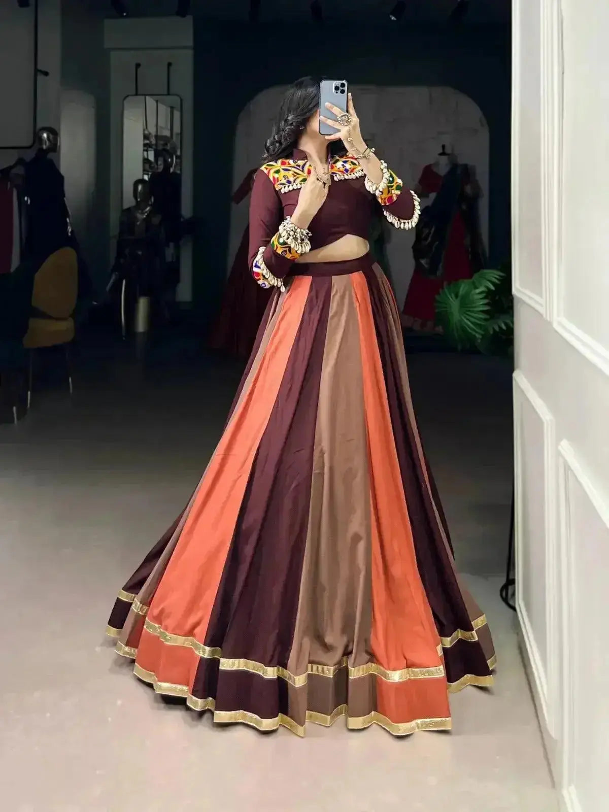 brown rayon mirror gamthi lace work navratri wear lehenga choli - rpd fashion
