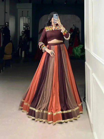Brown Rayon Mirror Gamthi Lace Work Navratri Wear Lehenga Choli - RPD Fashion