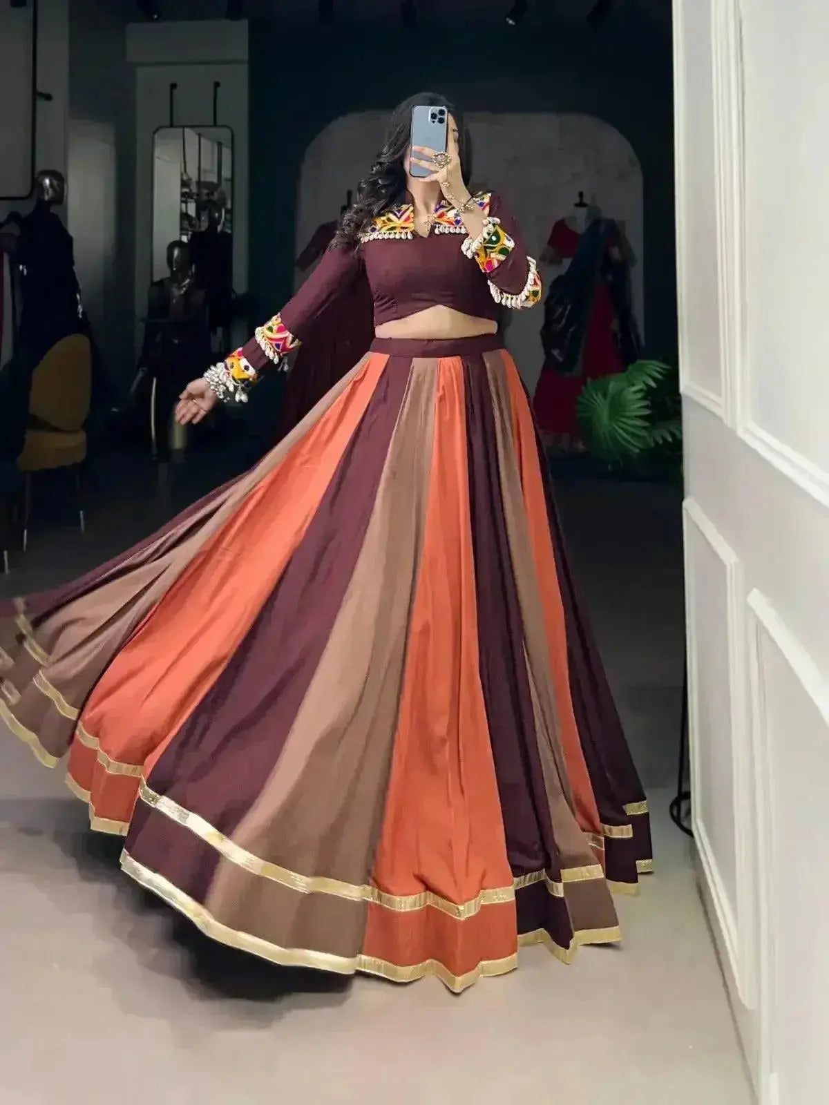 brown rayon mirror gamthi lace work navratri wear lehenga choli - rpd fashion