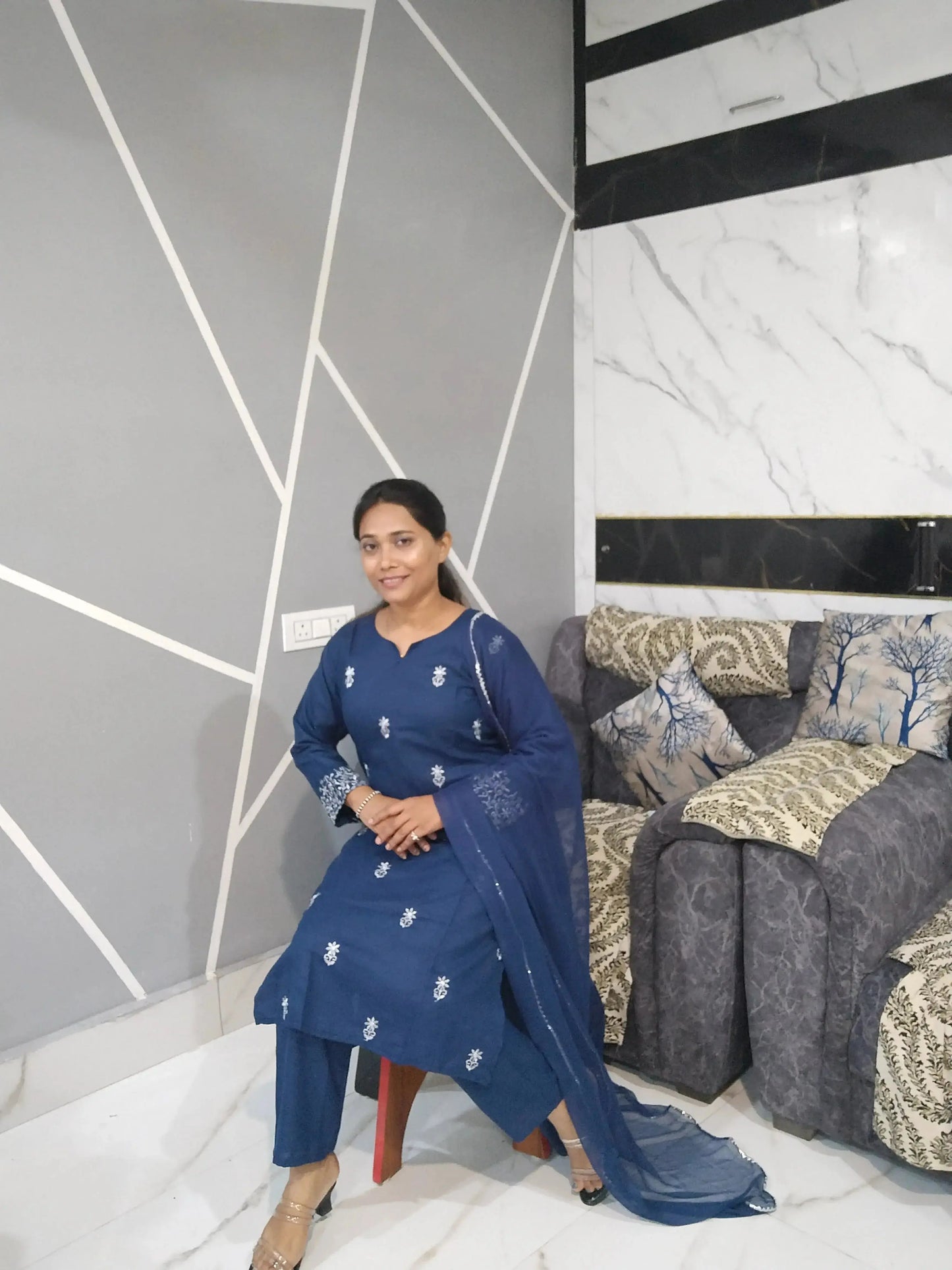 cotton 3 piece kurti set with dupatta | blue embroidered kurta pant set for women - rpd fashion