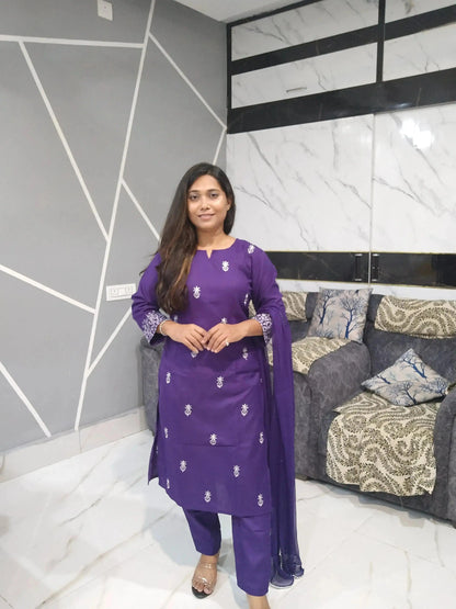 Cotton 3 Piece Kurti Set with Dupatta | Blue Embroidered Kurta Pant Set for Women - RPD Fashion