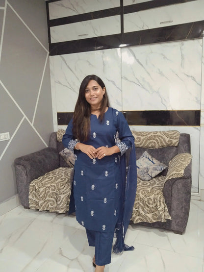 Cotton 3 Piece Kurti Set with Dupatta | Blue Embroidered Kurta Pant Set for Women - RPD Fashion