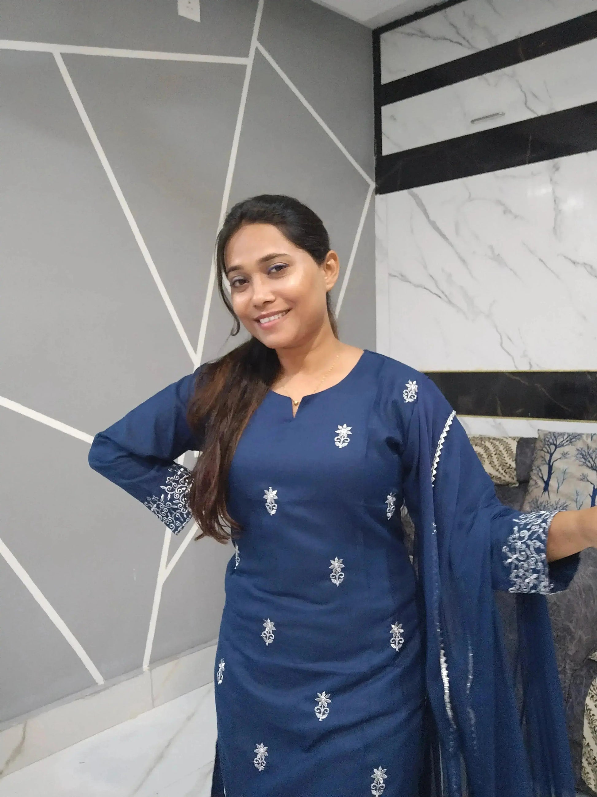Cotton 3 Piece Kurti Set with Dupatta | Blue Embroidered Kurta Pant Set for Women - RPD Fashion