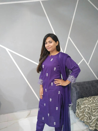 Cotton 3 Piece Kurti Set with Dupatta | Blue Embroidered Kurta Pant Set for Women - RPD Fashion