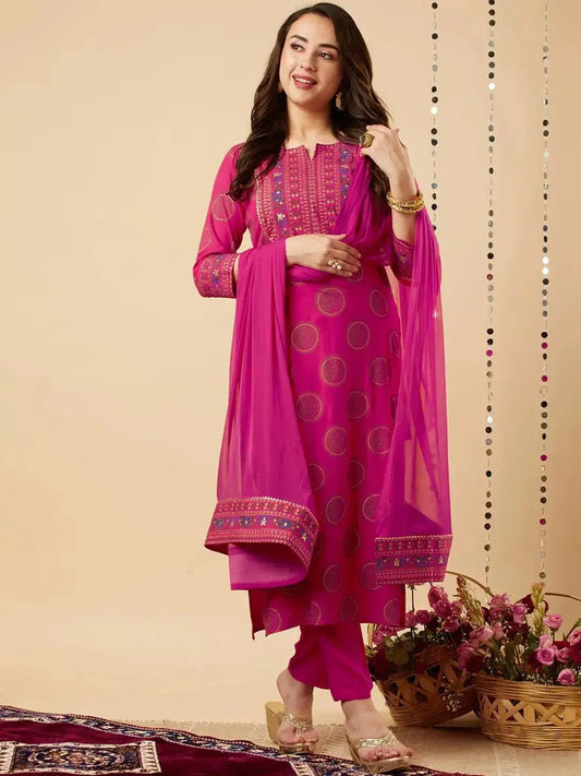 Cotton Kurta Set for Women | Pink Printed Kurti Pant with Dupatta Set - RPD Fashion