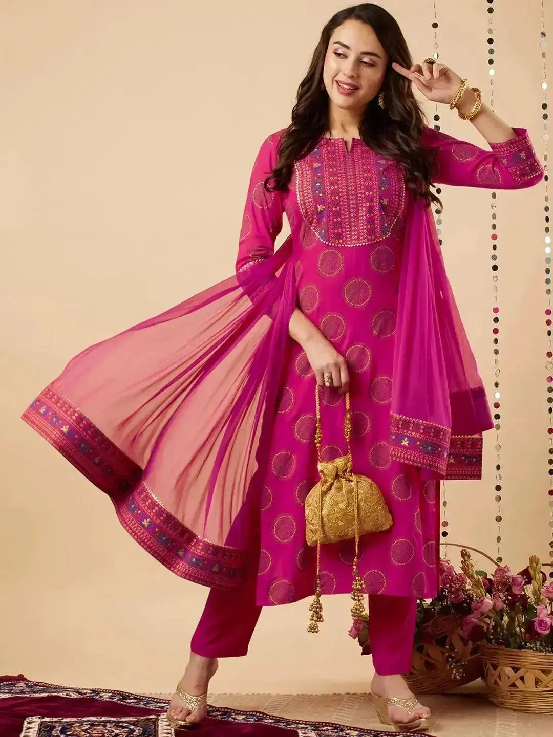 Cotton Kurta Set for Women | Pink Printed Kurti Pant with Dupatta Set - RPD Fashion