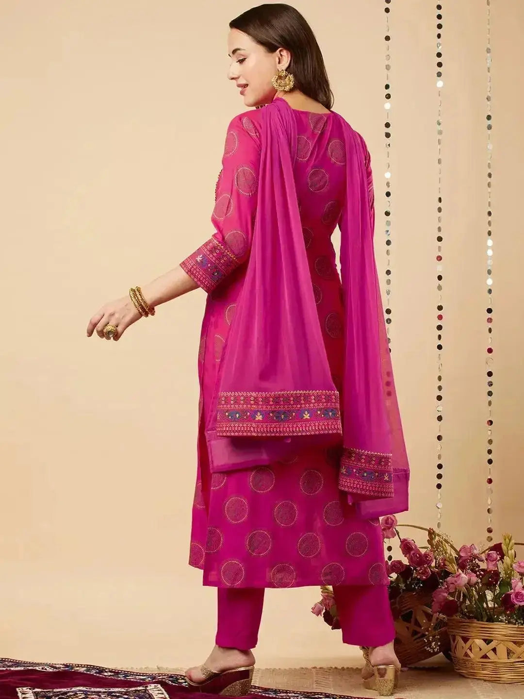 Cotton Kurta Set for Women | Pink Printed Kurti Pant with Dupatta Set - RPD Fashion